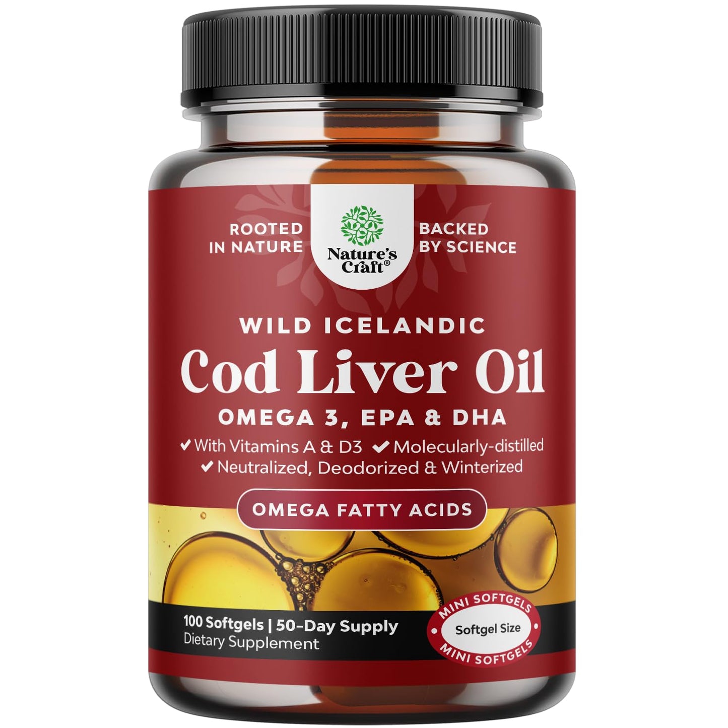 Icelandic Wild Caught Cod Liver Oil Softgels - Fish Omega 3, EPA, DHA, Vitamin D & A, 1000mg Per Serving - Burpless Capsules for Heart - Maple Wellness Supplements