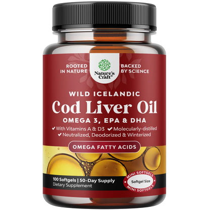 Icelandic Wild Caught Cod Liver Oil Softgels - Fish Omega 3, EPA, DHA, Vitamin D & A, 1000mg Per Serving - Burpless Capsules for Heart - Maple Wellness Supplements