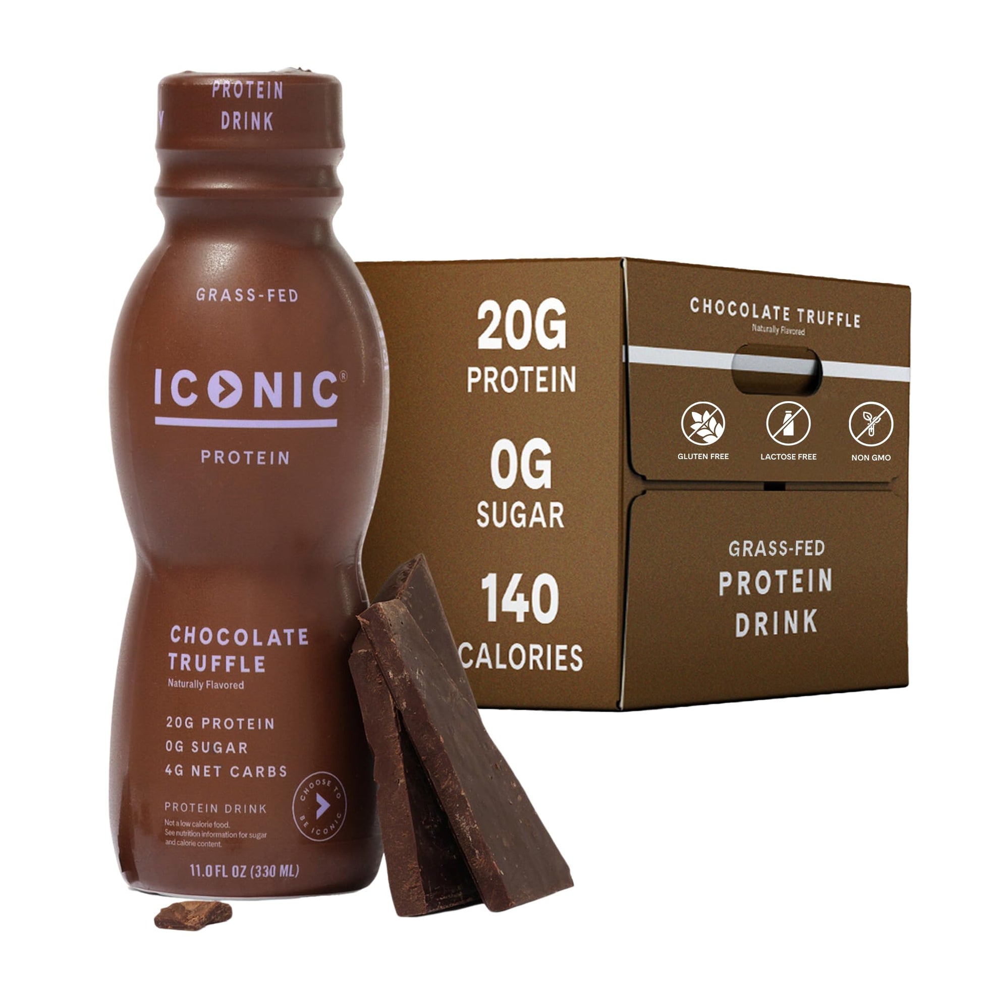 Iconic Protein Drinks, Chocolate Truffle (12 Pack) - Sugar Free & Low Carb - 20g Grass Fed Protein - Lactose Free, Gluten Free, Non-GMO, Kosher - Keto Friendly Protein Shakes - Maple Wellness Supplements
