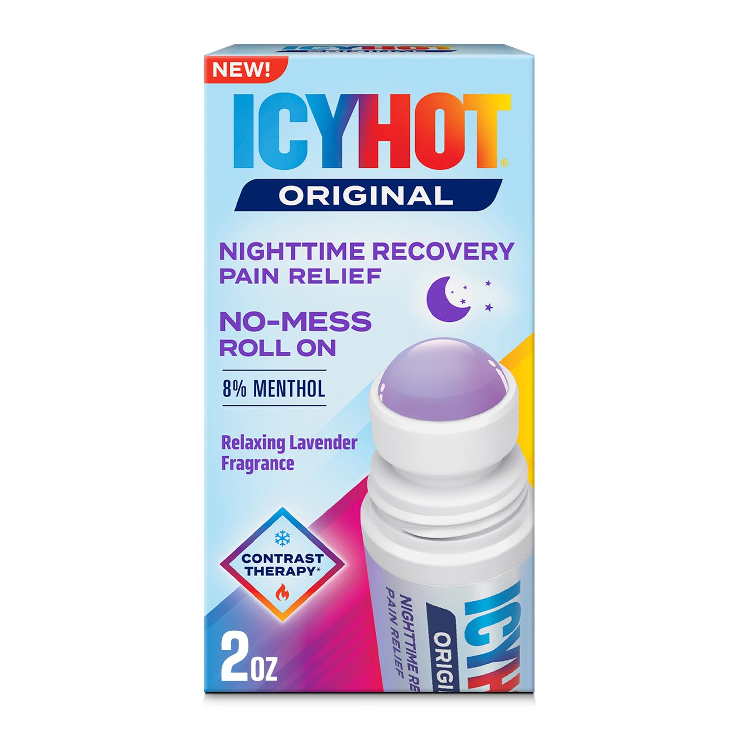 Icy Hot Original Pain Relief Nighttime Recovery No-Mess Roll-On Applicator, Fast-Acting Pain Relief with Menthol 8% for Backaches, Joints, Muscle Strains and Arthritis, Lavender Scent, 2 oz - Maple Wellness Supplements