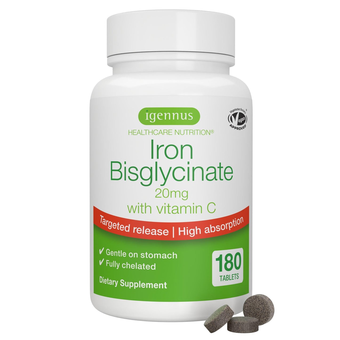 Igennus Clean Iron Bisglycinate 20mg, Vitamin C, 6 Month Supply, Gentle Chelated High Absorption Formula & Targeted Release Ferrous Bisglycinate - Maple Wellness Supplements