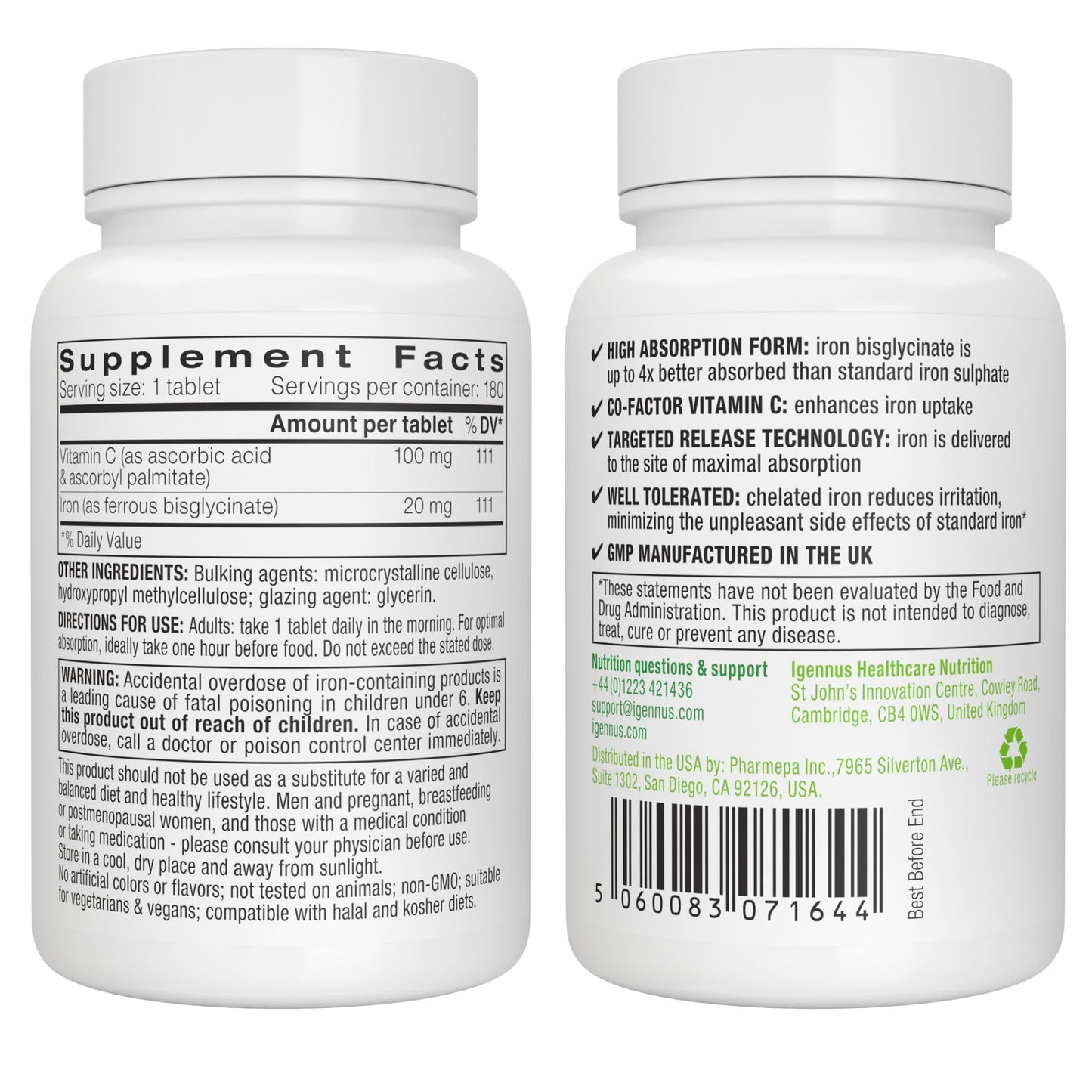 Igennus Clean Iron Bisglycinate 20mg, Vitamin C, 6 Month Supply, Gentle Chelated High Absorption Formula & Targeted Release Ferrous Bisglycinate - Maple Wellness Supplements