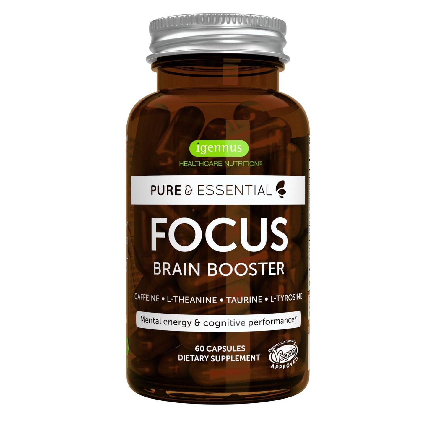 Igennus Focus - Nootropic with 200mg Natural Caffeine, Methylated B Vitamins, L-Theanine, Taurine, L-Tyrosine, Clean Energy, Brain Booster & Cognitive Performance, Non Jittery, 60 Capsules - Maple Wellness Supplements