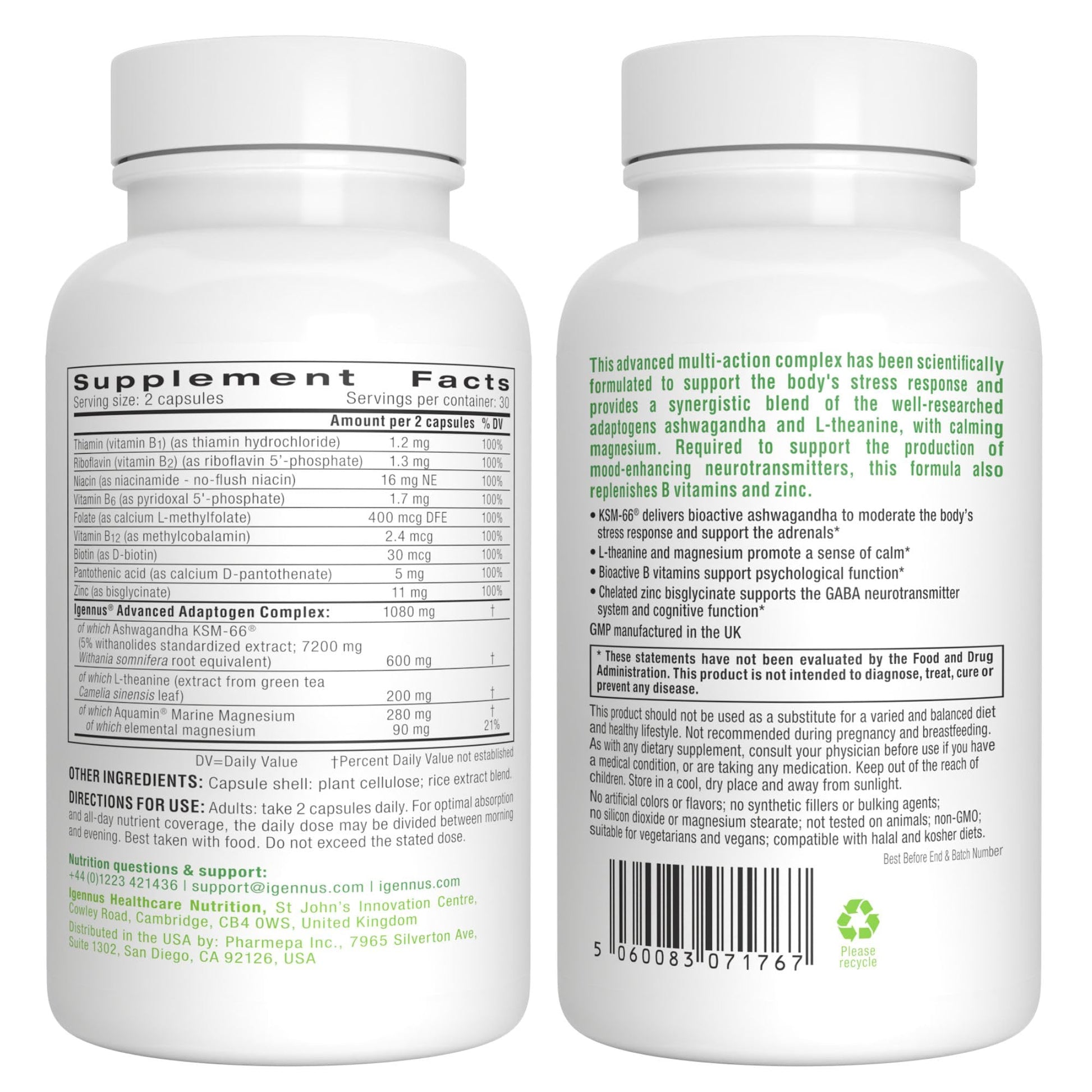 Igennus High Strength Ashwagandha, Magnesium, & L-Theanine Stress Relief Complex, KSM-66 Root Extract Adaptogens, Boosted with Methylfolate, Zinc & Biotin Clean Label, 60 Fast Acting Capsules - Maple Wellness Supplements