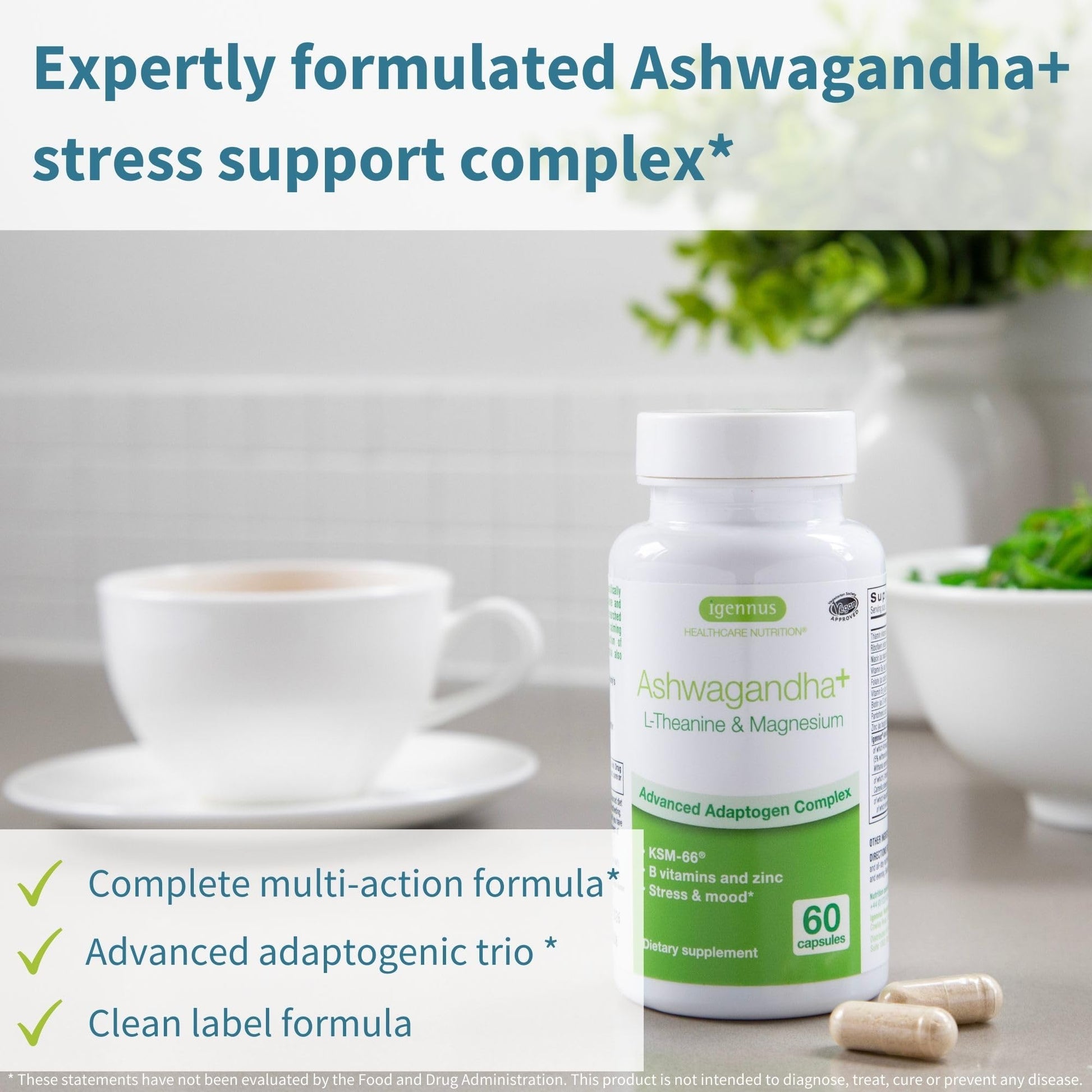 Igennus High Strength Ashwagandha, Magnesium, & L-Theanine Stress Relief Complex, KSM-66 Root Extract Adaptogens, Boosted with Methylfolate, Zinc & Biotin Clean Label, 60 Fast Acting Capsules - Maple Wellness Supplements