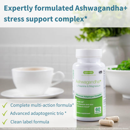 Igennus High Strength Ashwagandha, Magnesium, & L-Theanine Stress Relief Complex, KSM-66 Root Extract Adaptogens, Boosted with Methylfolate, Zinc & Biotin Clean Label, 60 Fast Acting Capsules - Maple Wellness Supplements