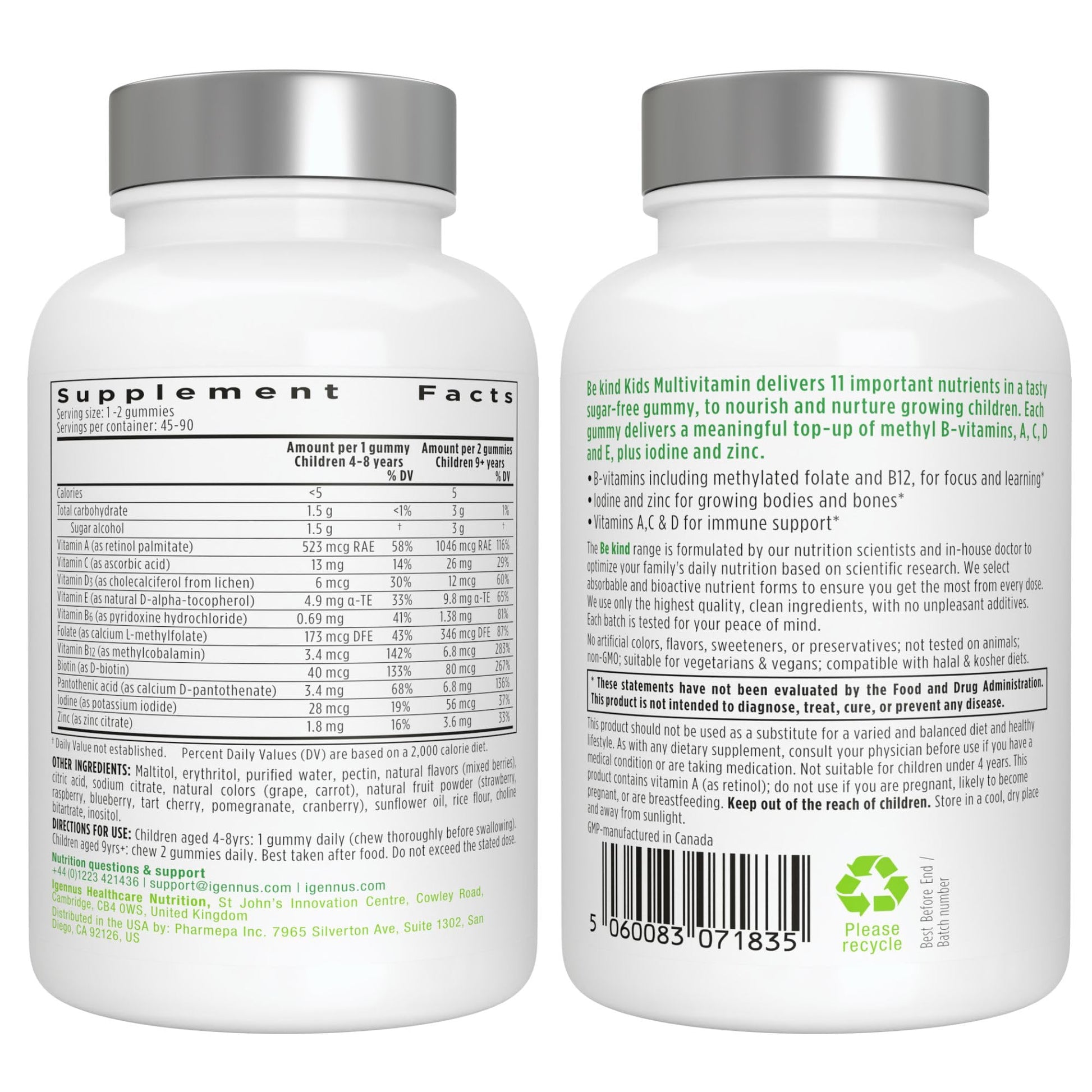 Igennus Methylated Kids Multivitamin Gummies, Clean Label & Third Party Tested, No Artificial Sweeteners or Flavors, Sugar Free, Age 4+, 90 Natural Berry Flavor - Maple Wellness Supplements