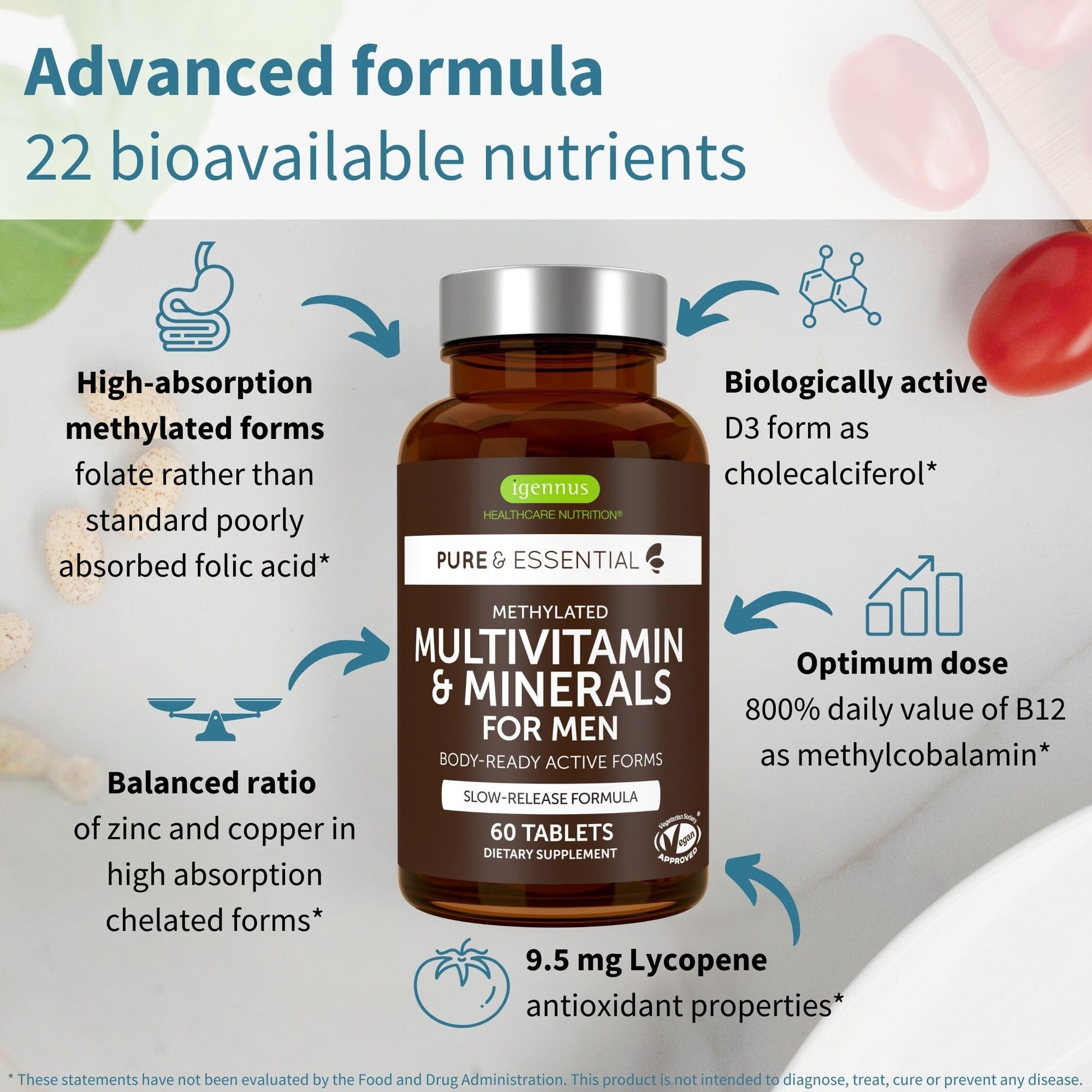 Igennus Methylated Men's Multivitamin with 22 Actives, Added Lycopene for Antioxidant Support, High Potency B12, Sustained Release, - Maple Wellness Supplements