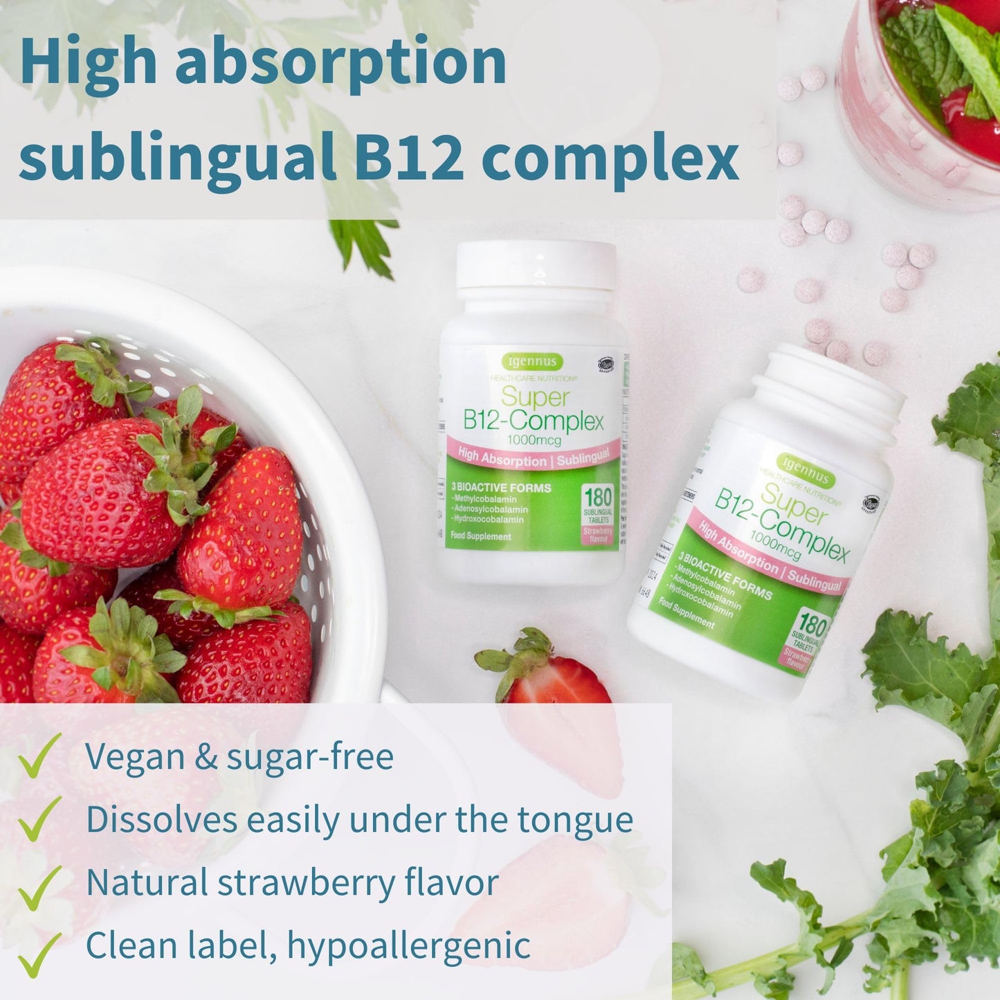 Igennus Sublingual Vitamin B12 Complex 1000mcg, Methylated Methylcobalamin, Adenosylcobalamin & Hydroxocobalamin, High Absorption & Clean, - Maple Wellness Supplements