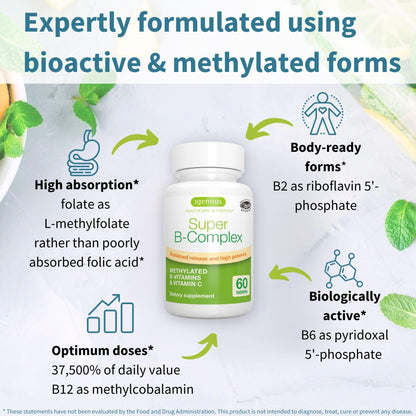 Igennus Super B-Complex Methylated B Vitamins - Sustained Release, Clean Label & High Absorption, with 5-MTHF Folate & Methyl B12, Energy, Mood & Cognitive Performance - Maple Wellness Supplements