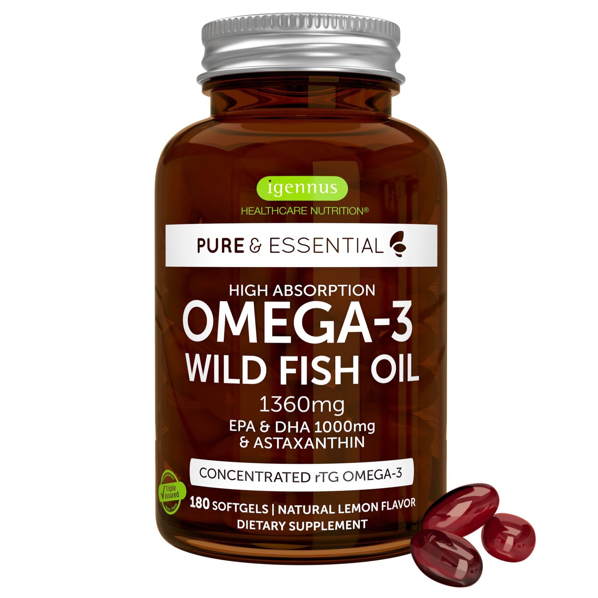 Igennus Ultra Pure Omega 3 Triglyceride rTG Wild Fish Oil 1360mg, IFOS Certified, EPA DHA 1000mg Plus Astaxanthin, Non-GMO, - Maple Wellness Supplements