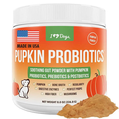iHeartDogs Pupkin Probiotics, Prebiotics, Postbiotics, & Fiber for Dogs with Pumpkin, Gut Soothing Bone Broth & Mushrooms - Maple Wellness Supplements