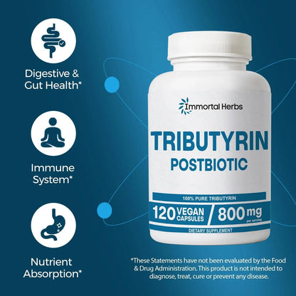 Immortal Herbs Tributyrin Supplement 800mg, Advanced Butyrate Form, 55% Standardized, More Effective Delivery Than Sodium Butyrate, 120 Capsules, Non-GMO & Gluten Free Postbiotic Supplement - Maple Wellness Supplements