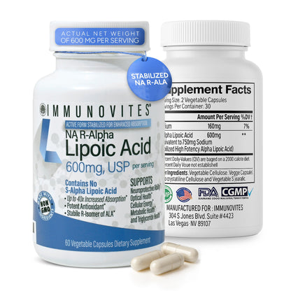 IMMUNOVITES Stabilized R-Alpha Lipoic Acid ((True)) 600mg per Serving [[High Potency & up to 40x Increased Absorption]] - Maple Wellness Supplements