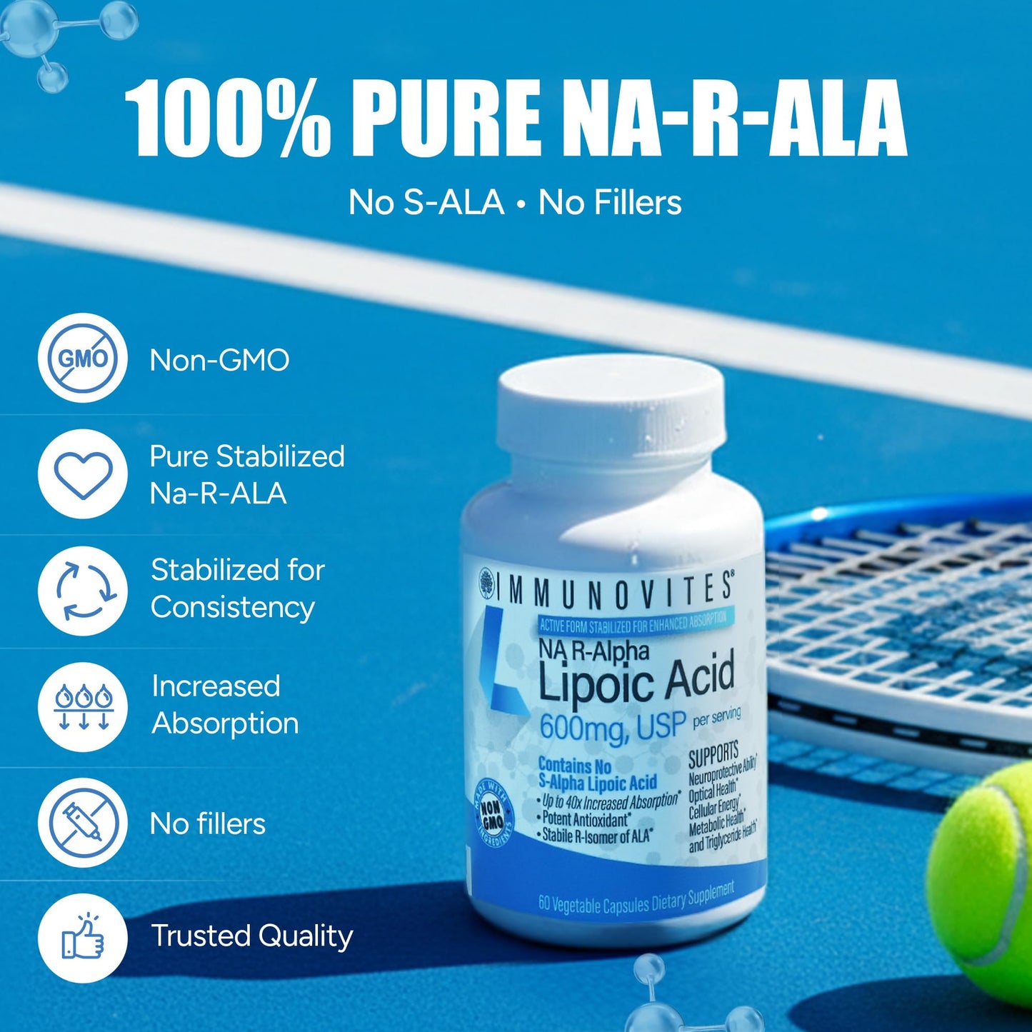 IMMUNOVITES Stabilized R-Alpha Lipoic Acid ((True)) 600mg per Serving [[High Potency & up to 40x Increased Absorption]] - Maple Wellness Supplements
