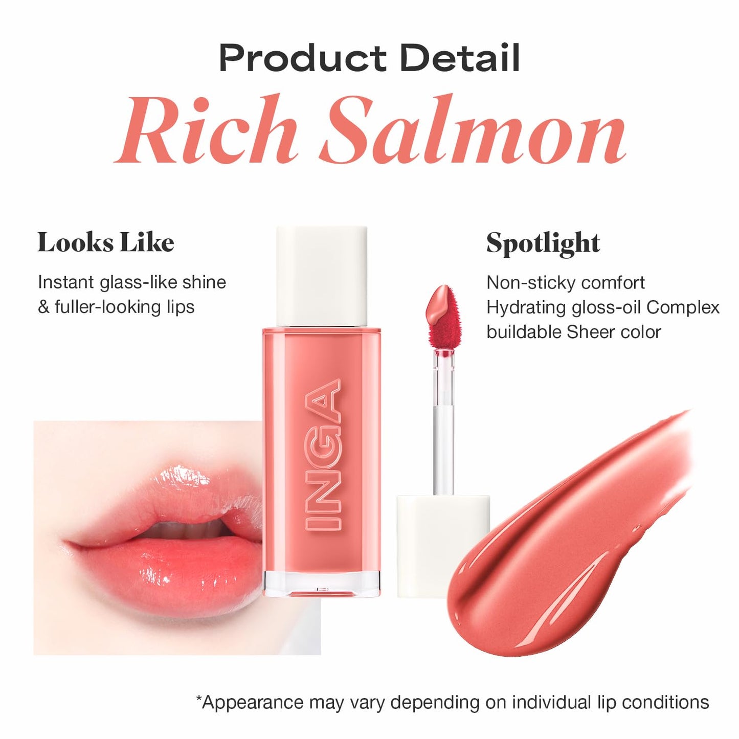 INGA Water Glow Lip Tint | Hydrating, Glossy Korean Lip Tint with Sheer Color & Glass-Like Shine | Long-Lasting, Non-Sticky Korean Lip Stain (RICH SALMON) - Maple Wellness Supplements