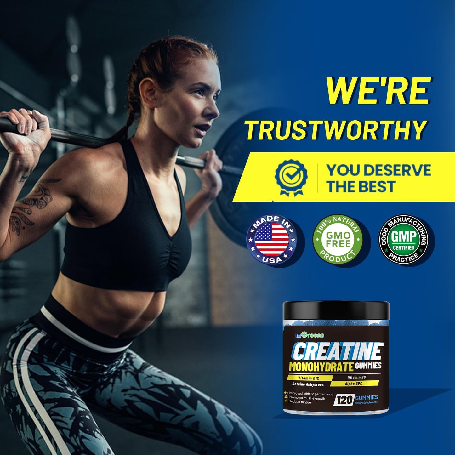 inGreens Creatine Monohydrate Gummies 6g per Serving, Sugar Free Creatine Supplements for Men & Women, Chewable Creatine for Muscle Growth, Strength, Energy - Maple Wellness Supplements