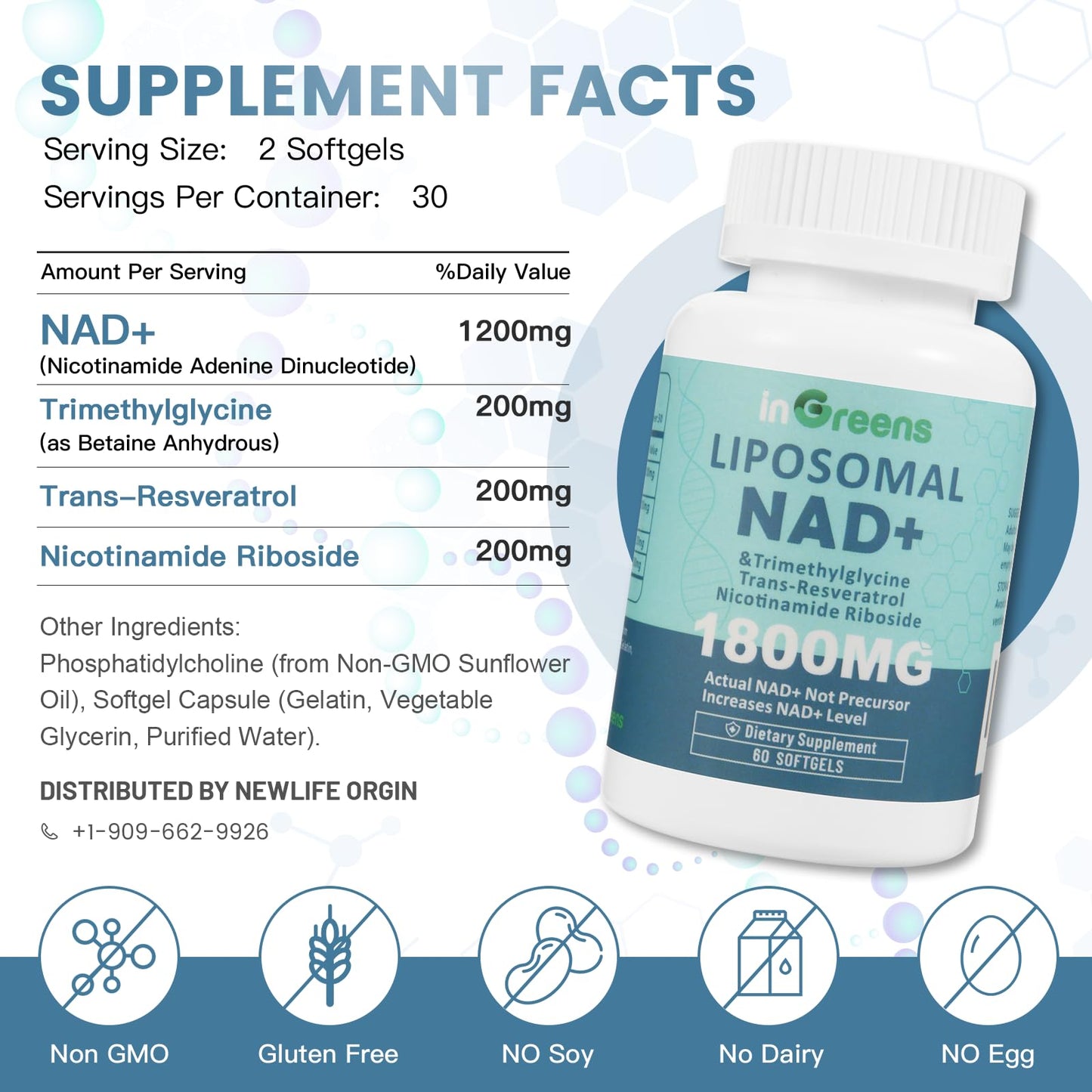 inGreens Liposomal NAD+ Supplement 1800 mg with Nicotinamide Riboside, Trans Resveratrol, Trimethylglycine，Replaces NMN, Boost NAD+, Aging Defense，Cellular Energy, 120 Softgels - Maple Wellness Supplements