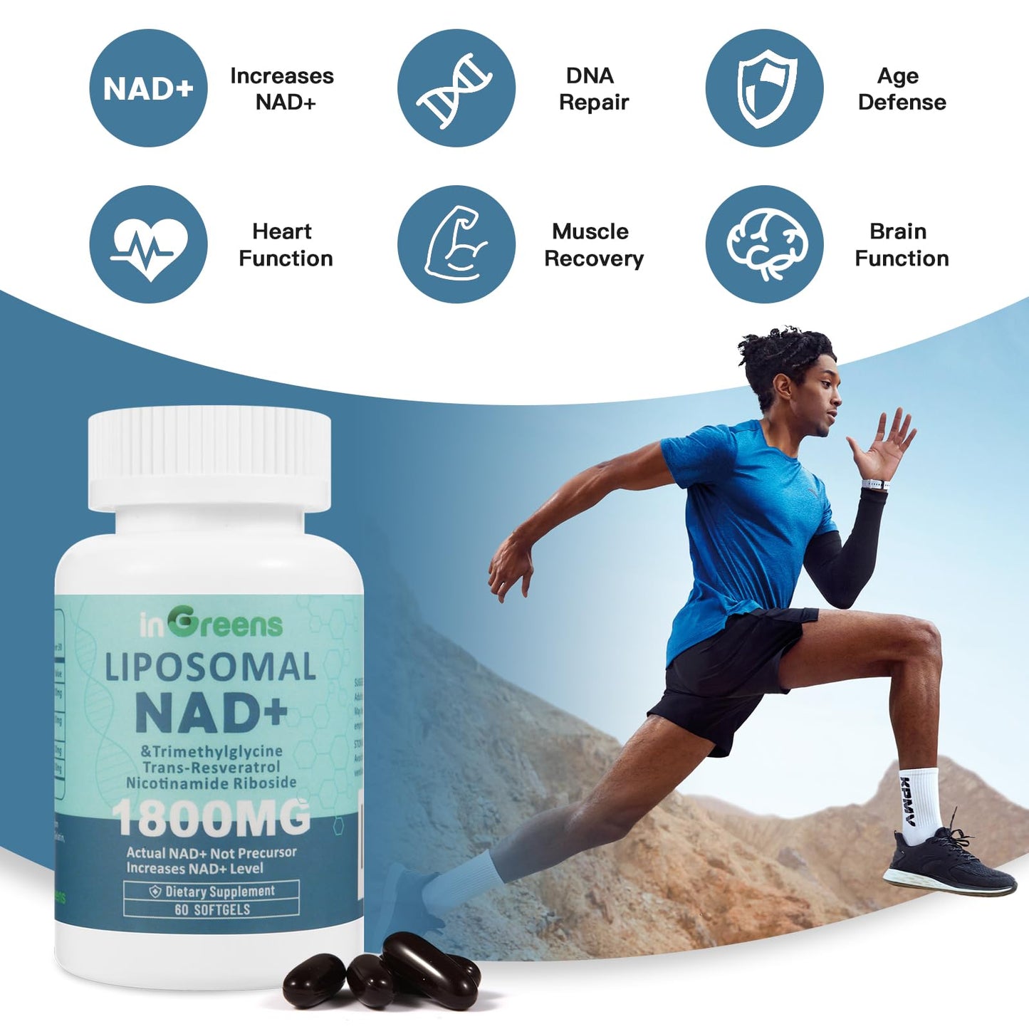 inGreens Liposomal NAD+ Supplement 1800 mg with Nicotinamide Riboside, Trans Resveratrol, Trimethylglycine，Replaces NMN, Boost NAD+, Aging Defense，Cellular Energy, 120 Softgels - Maple Wellness Supplements