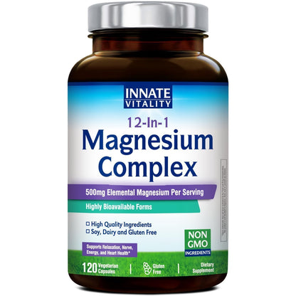 Innate Vitality 12-in-1 Magnesium Complex, 500 mg Elemental Mag, with Magnesium Glycinate Malate Taurate Aspartate & More, - Maple Wellness Supplements