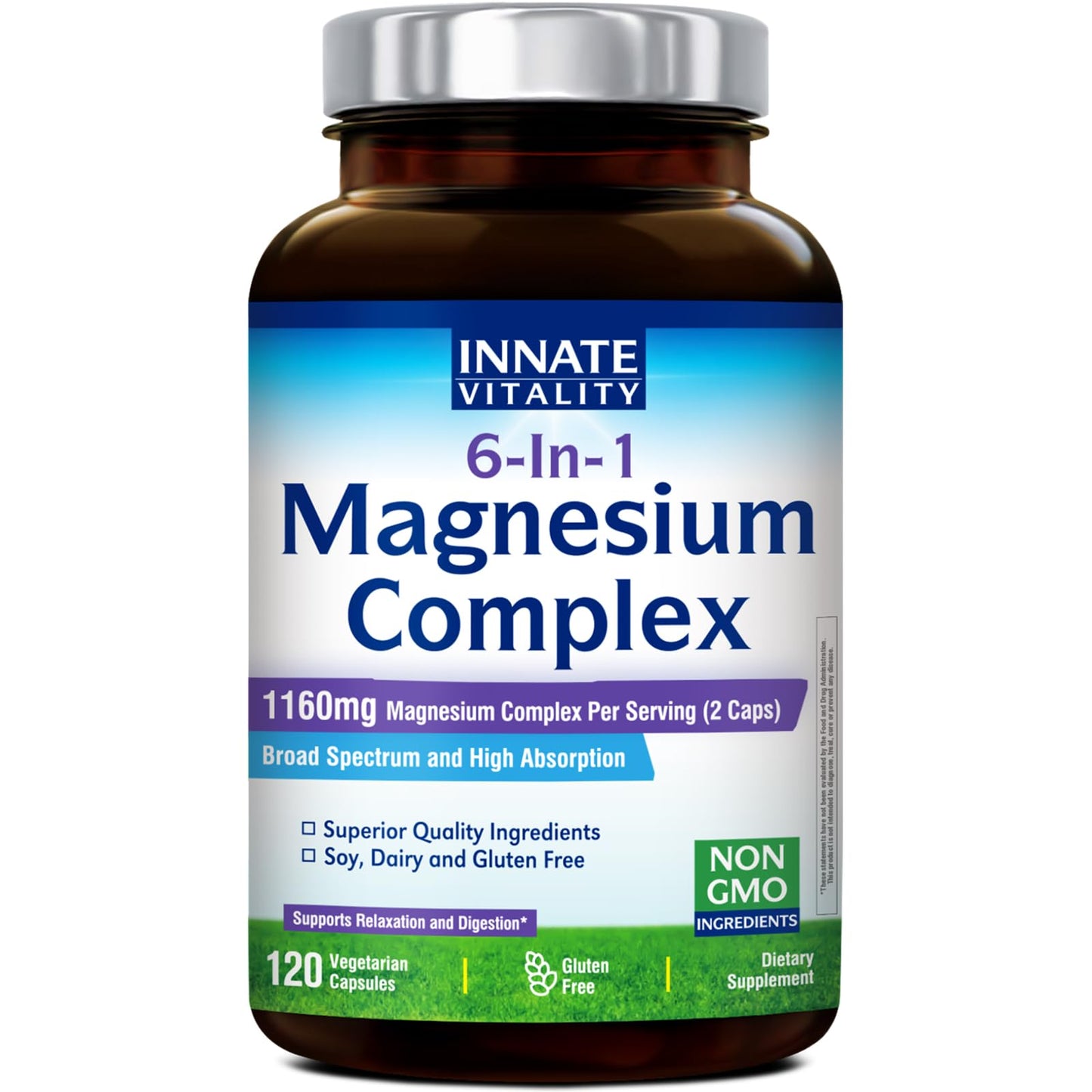 Innate Vitality Magnesium Complex 6-in-1, 1160mg Per Serving, Rest & Digestion, Magnesium Glycinate & Citrate, High Absorption, 120 Vegan Capsules - Maple Wellness Supplements