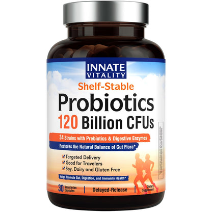 Innate Vitality Probiotics 120 Billion CFUs for Men & Women, 34 Strains with Prebiotics & Digestive Enzymes, Immune & Digestive Health - Maple Wellness Supplements