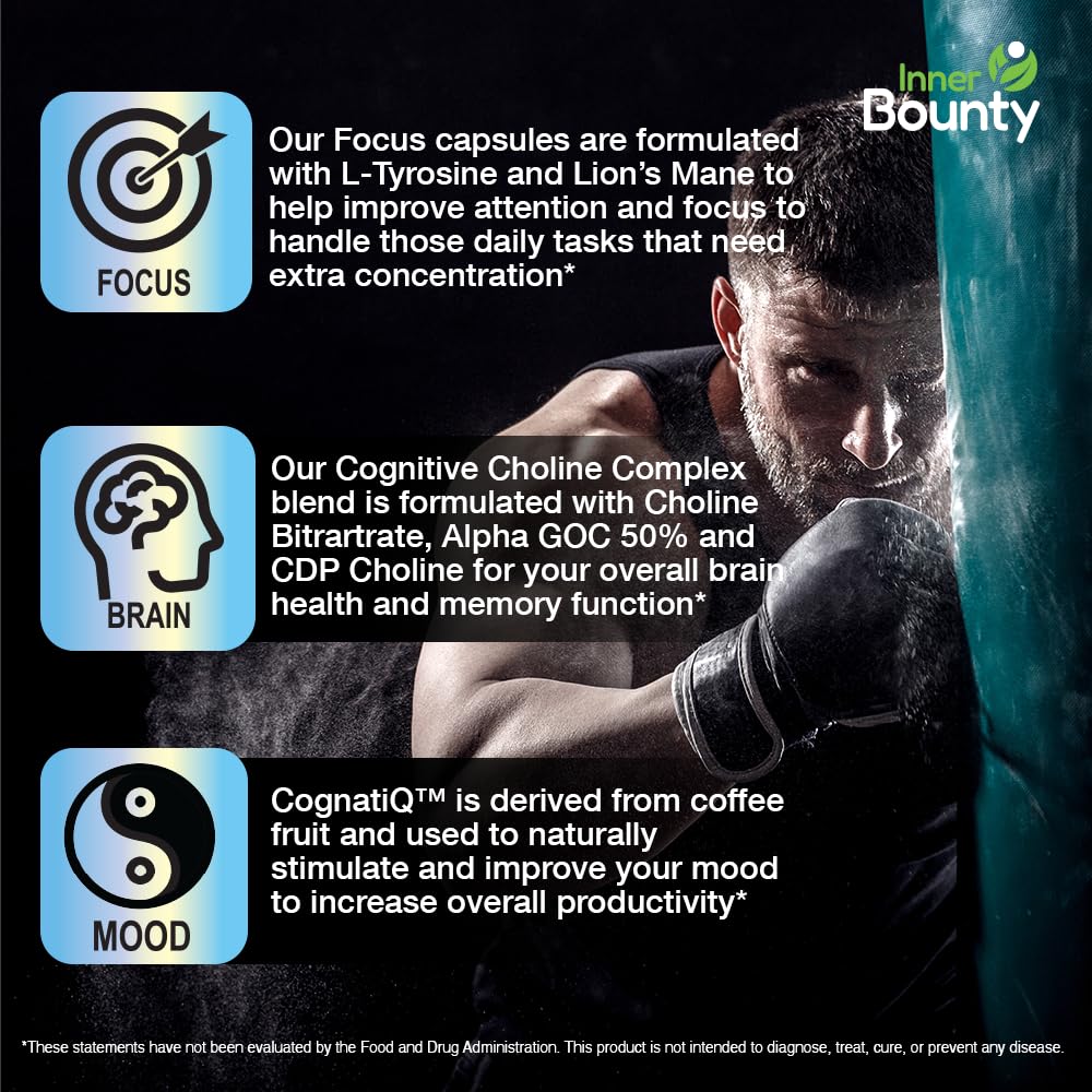 Inner Bounty Focus 14-in-1 Nootropic Brain Supplement with Lions Mane, Alpha GPC Choline, Vitamin C & B12, Taurine, Bacopa - Energy, Cognitive, Memory Support, 60 Filler Free Capsules - Maple Wellness Supplements