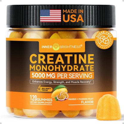 Inner Brightness Creatine Monohydrate Gummies for Men & Women 5000 mg, 3rd Party Tested, Creatine Chews for Muscle Growth, Strength & Energy Support, Sugar Free, Vegan, 120 Count, Mango Passionfruit - Maple Wellness Supplements