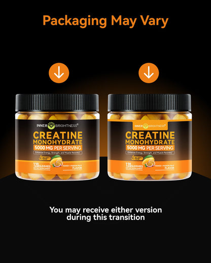 Inner Brightness Creatine Monohydrate Gummies for Men & Women 5000 mg, 3rd Party Tested, Creatine Chews for Muscle Growth, Strength & Energy Support, Sugar Free, Vegan, 120 Count, Mango Passionfruit - Maple Wellness Supplements