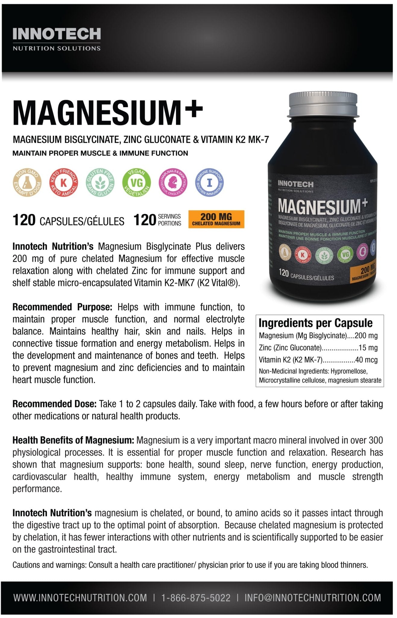 Innotech Nutrition Magnesium Plus Muscle Bone & Sleep Support Magnesium Bisglycinate Zinc & Vitamin K2 120 Vegan Capsules - Maple Wellness Supplements