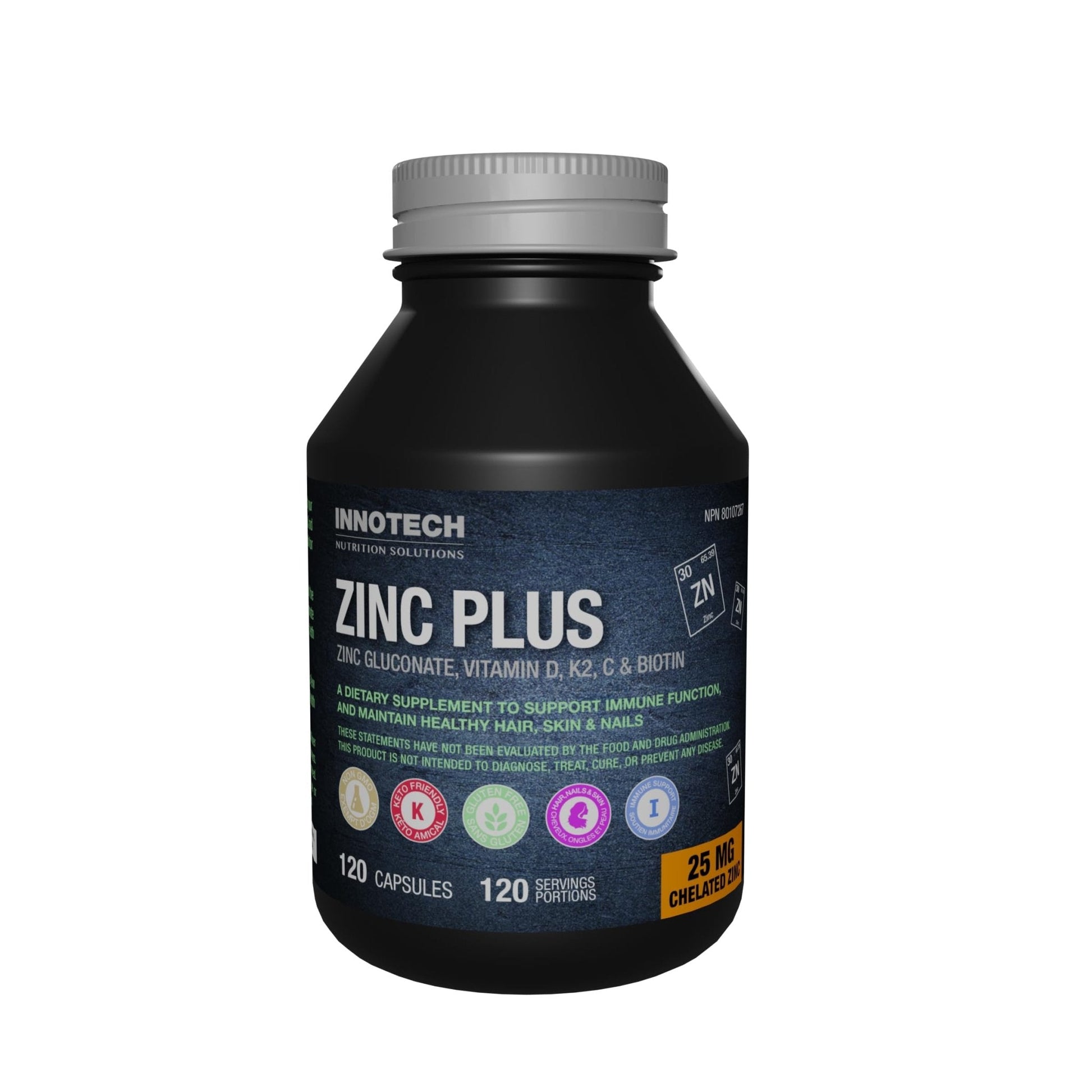 Innotech Nutrition Zinc Plus Immune Hair Skin & Nails Support Chelated Zinc Vitamin D3 & Biotin 120 Vegan Capsules - Maple Wellness Supplements