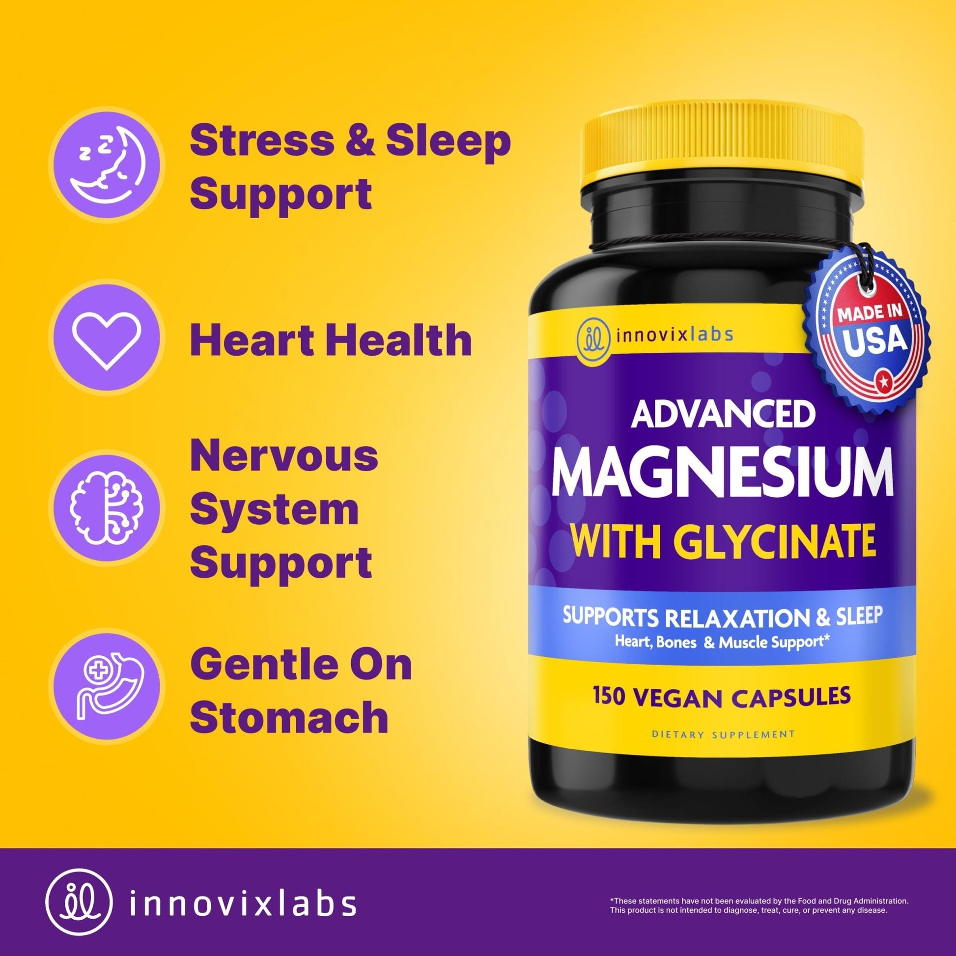 InnovixLabs Advanced Magnesium Capsules - 150 Ct, 210 mg - Chelated Glycinate and Malate - High Absorption, Promotes Relaxation, Bones, Muscle Health, Vegan Malate Sleep Supplement - Maple Wellness Supplements