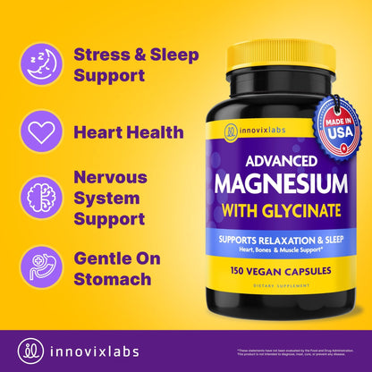 InnovixLabs Advanced Magnesium Capsules - 150 Ct, 210 mg - Chelated Glycinate and Malate - High Absorption, Promotes Relaxation, Bones, Muscle Health, Vegan Malate Sleep Supplement - Maple Wellness Supplements