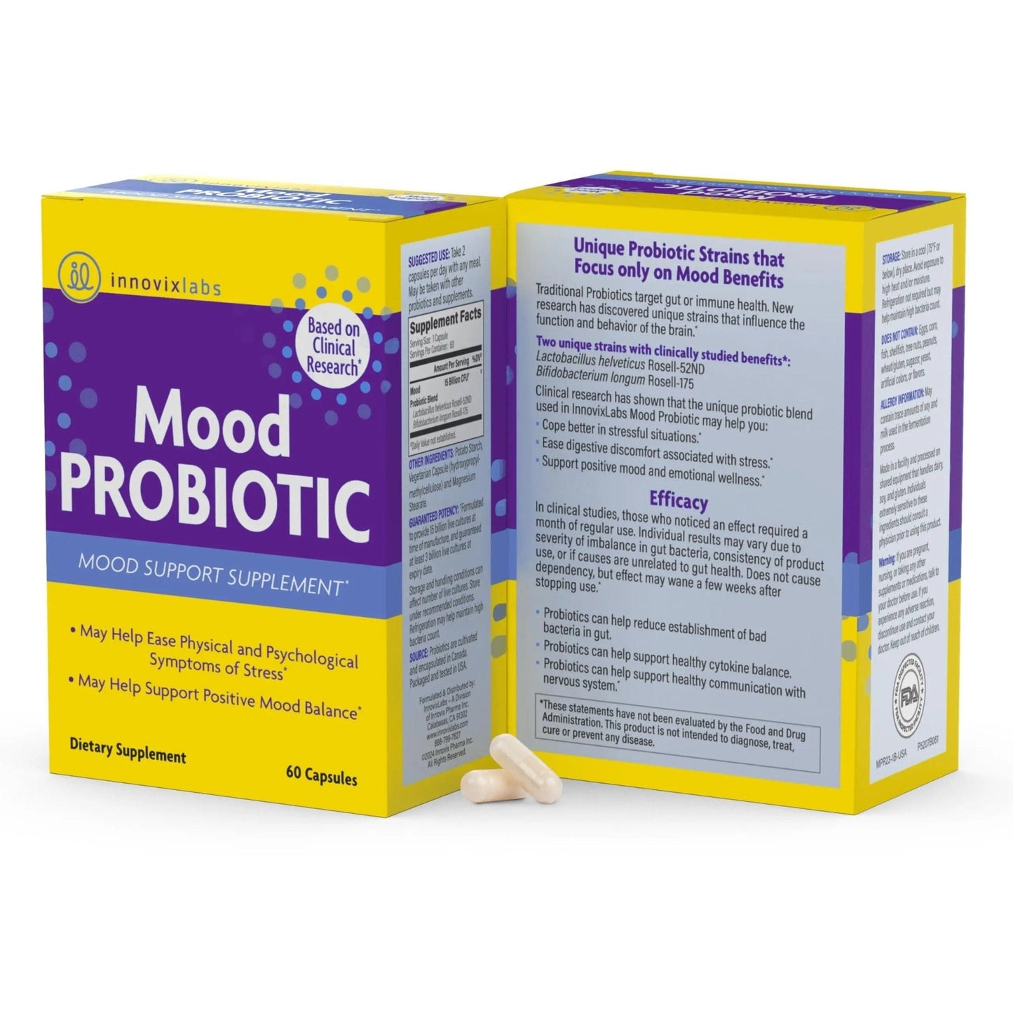 InnovixLabs Mood Probiotic for Women & Men, Clinically Studied Digestive & Mood Support Supplement, Lactobacillus helveticus Rosell-52ND & Bifidobacterium longum Rosell-175, 60 Capsules - Maple Wellness Supplements