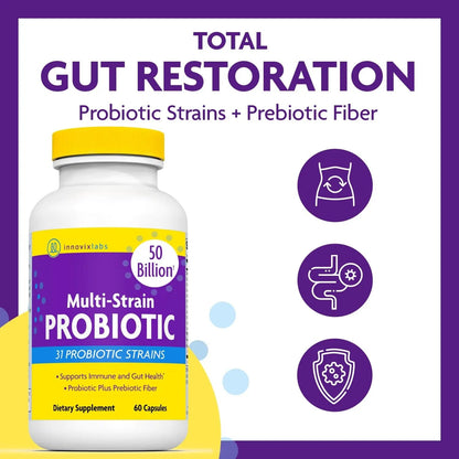 InnovixLabs Multi Strain Probiotics for Women & Men - Probiotic Supplement - 50 Billion CFU - Gut Health, Immune Support, Digestion, Lactobacillus Acidophilus, Prebiotics and Probiotics, 60 Capsules - Maple Wellness Supplements