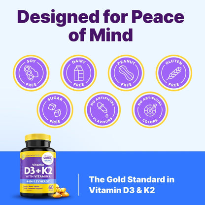 InnovixLabs Vitamin D3 K2-5000 IU Vitamin D3 Plus 600 mcg Vitamin K2 MK4 and MK7 for Max Calcium Absorption, Supports Bone, Immune, Heart Health - Maple Wellness Supplements