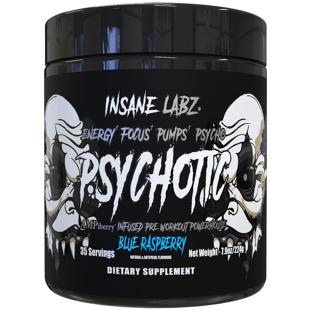 Insane Labz Psychotic Black Edition Mid Stimulant Pre Workout Powder, Energy Focus Pumps, Loaded with Creatine Beta Alanine Taurine Fueled by AMPiberry, 35 Servings (Blue Raspberry) - Maple Wellness Supplements