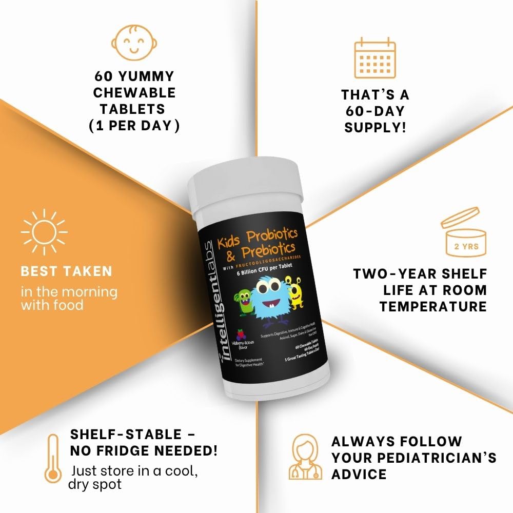Intelligent Labs Kids/Children Probiotics 6 Billion CFU with Prebiotics, PHGG & FOS, Once-Daily Chewable, Great Taste, 10x Effectiveness - Maple Wellness Supplements