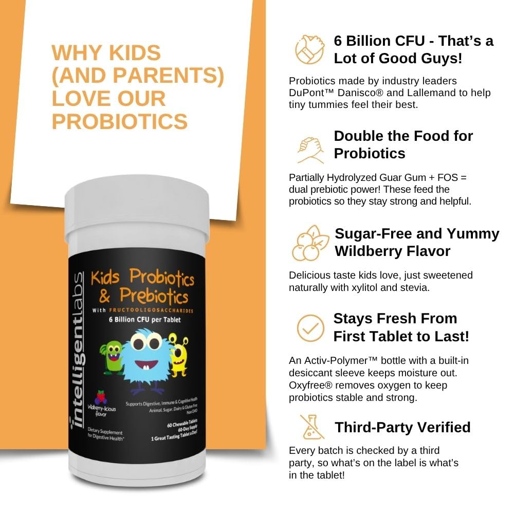 Intelligent Labs Kids/Children Probiotics 6 Billion CFU with Prebiotics, PHGG & FOS, Once-Daily Chewable, Great Taste, 10x Effectiveness - Maple Wellness Supplements