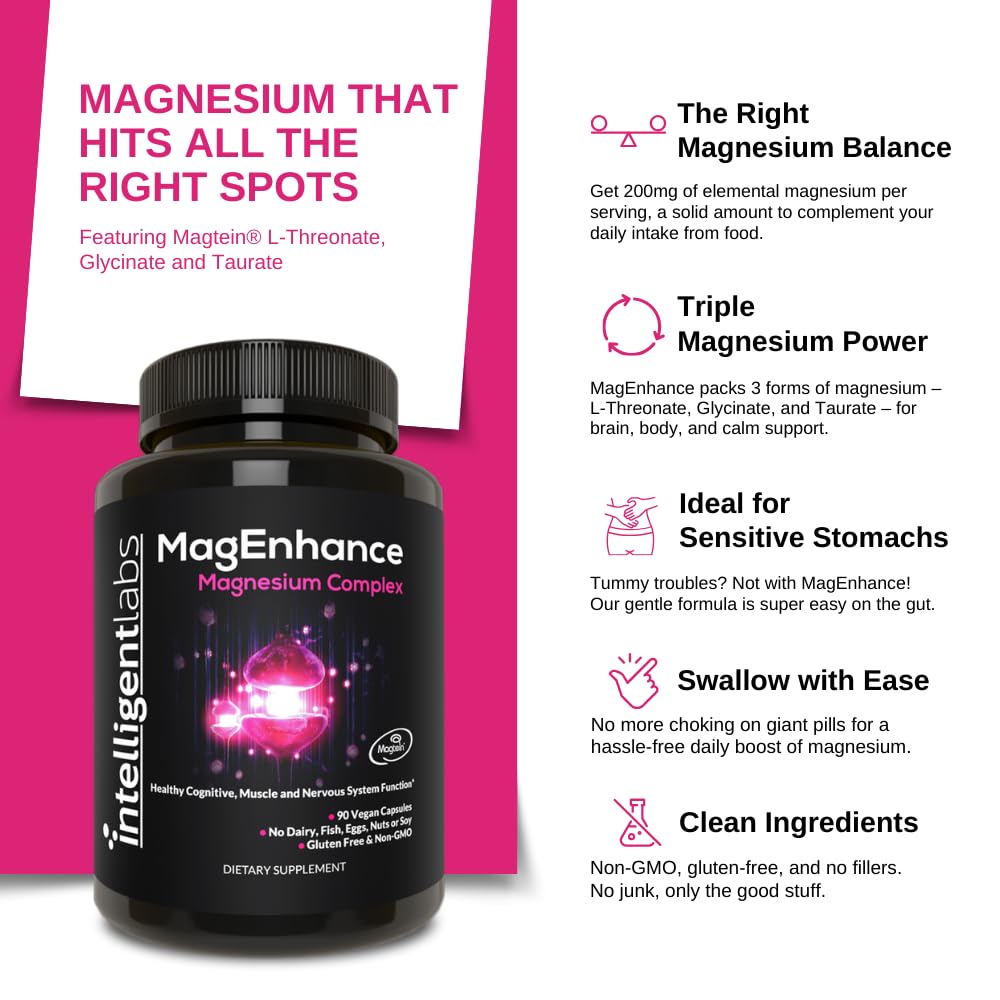 Intelligent Labs MagEnhance Magtein Magnesium Complex Supplement L-Threonate with Magnesium Glycinate and Taurate, 90 Capsules - Maple Wellness Supplements