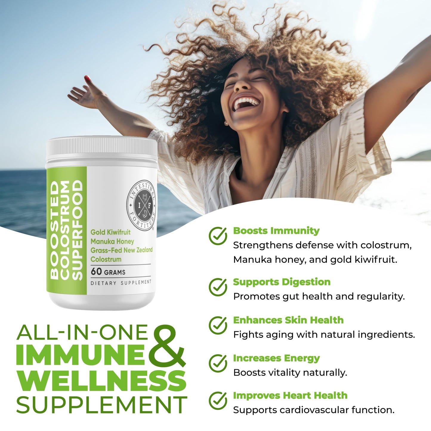 Intestinal Fortitude Boosted Colostrum Superfood Dietary Supplement: Grass-Fed New Zealand Bovine Colostrum, Gold Kiwifruit, Manuka Honey, for Digestion, Immune System, and Gut Health (60 Grams) - Maple Wellness Supplements