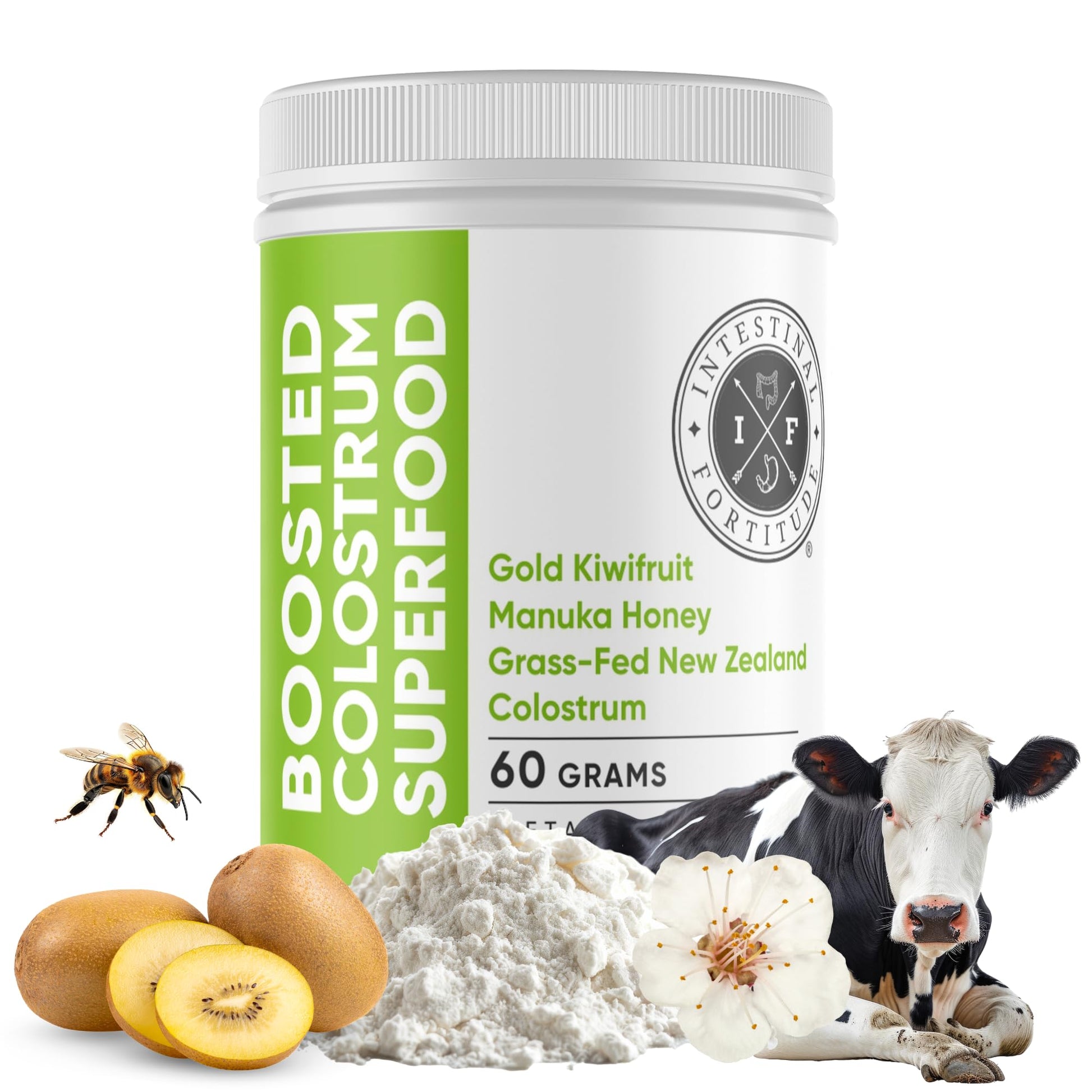 Intestinal Fortitude Boosted Colostrum Superfood Dietary Supplement: Grass-Fed New Zealand Bovine Colostrum, Gold Kiwifruit, Manuka Honey, for Digestion, Immune System, and Gut Health (60 Grams) - Maple Wellness Supplements