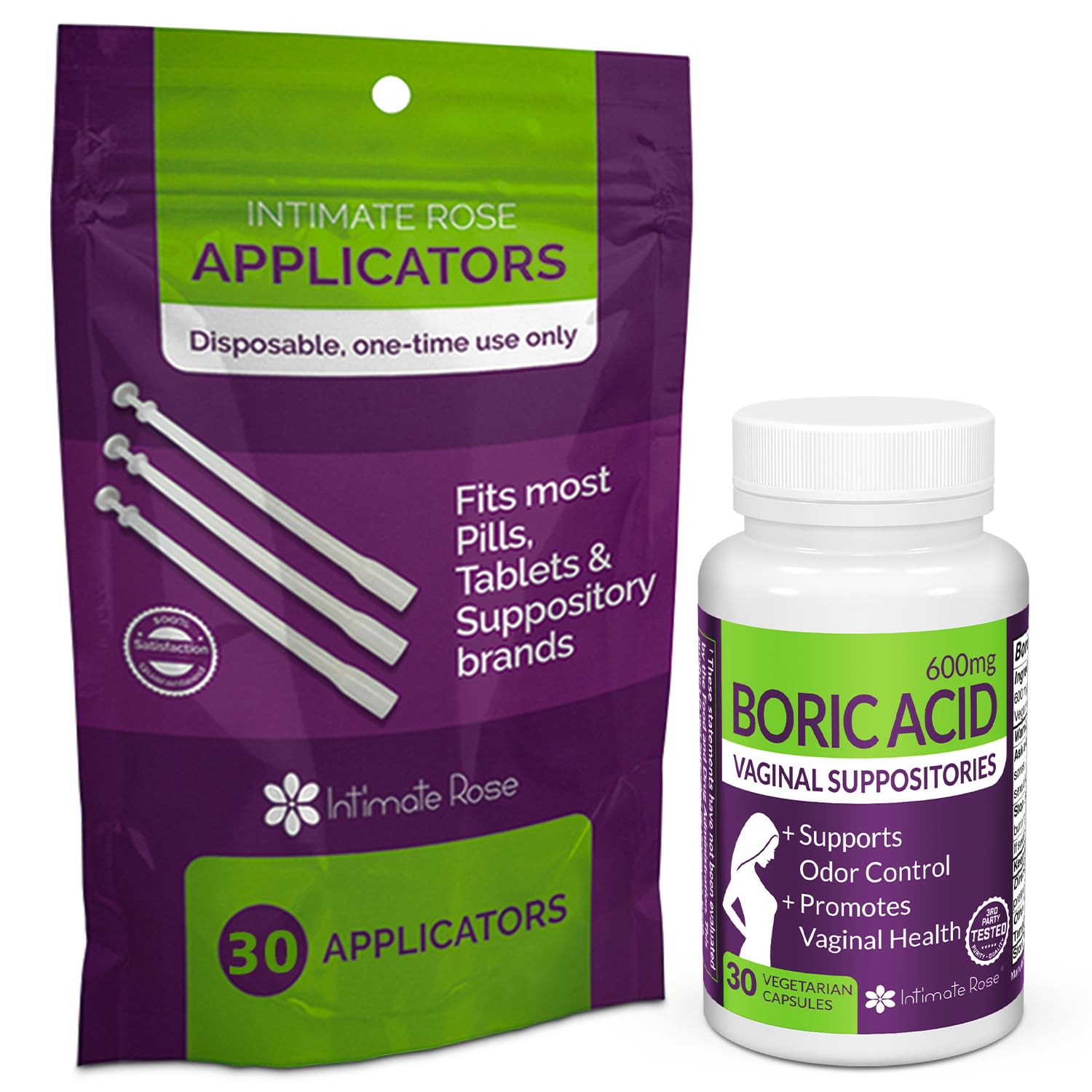 Intimate Rose Boric Acid Vaginal Suppositories - 30 Count (600mg) + 30 Applicators - Feminine Balance, Vaginal Odor, Promote Vaginal Health - Maple Wellness Supplements