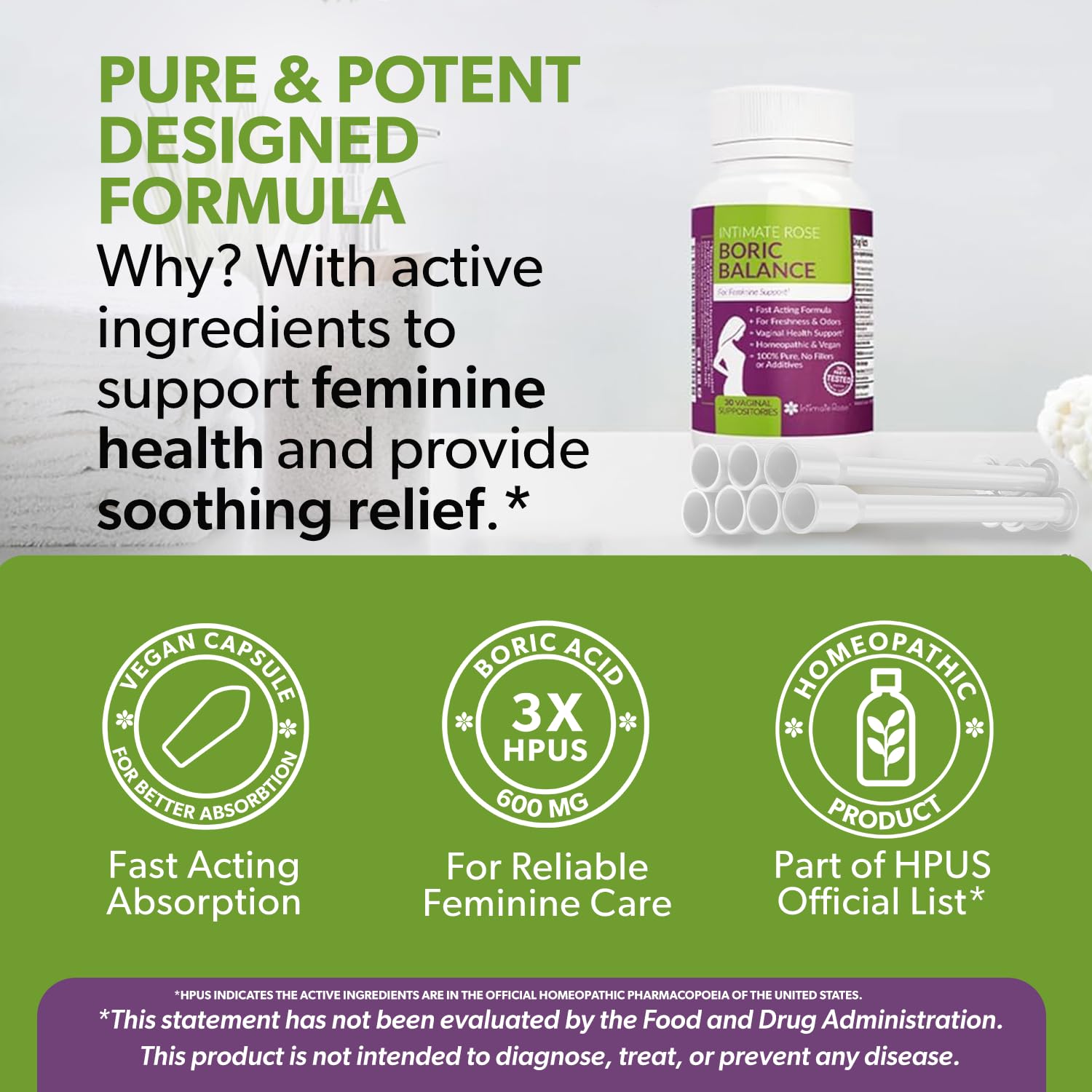 Intimate Rose Boric Acid Vaginal Suppositories - 30 Count (600mg) + 30 Applicators - Feminine Balance, Vaginal Odor, Promote Vaginal Health - Maple Wellness Supplements