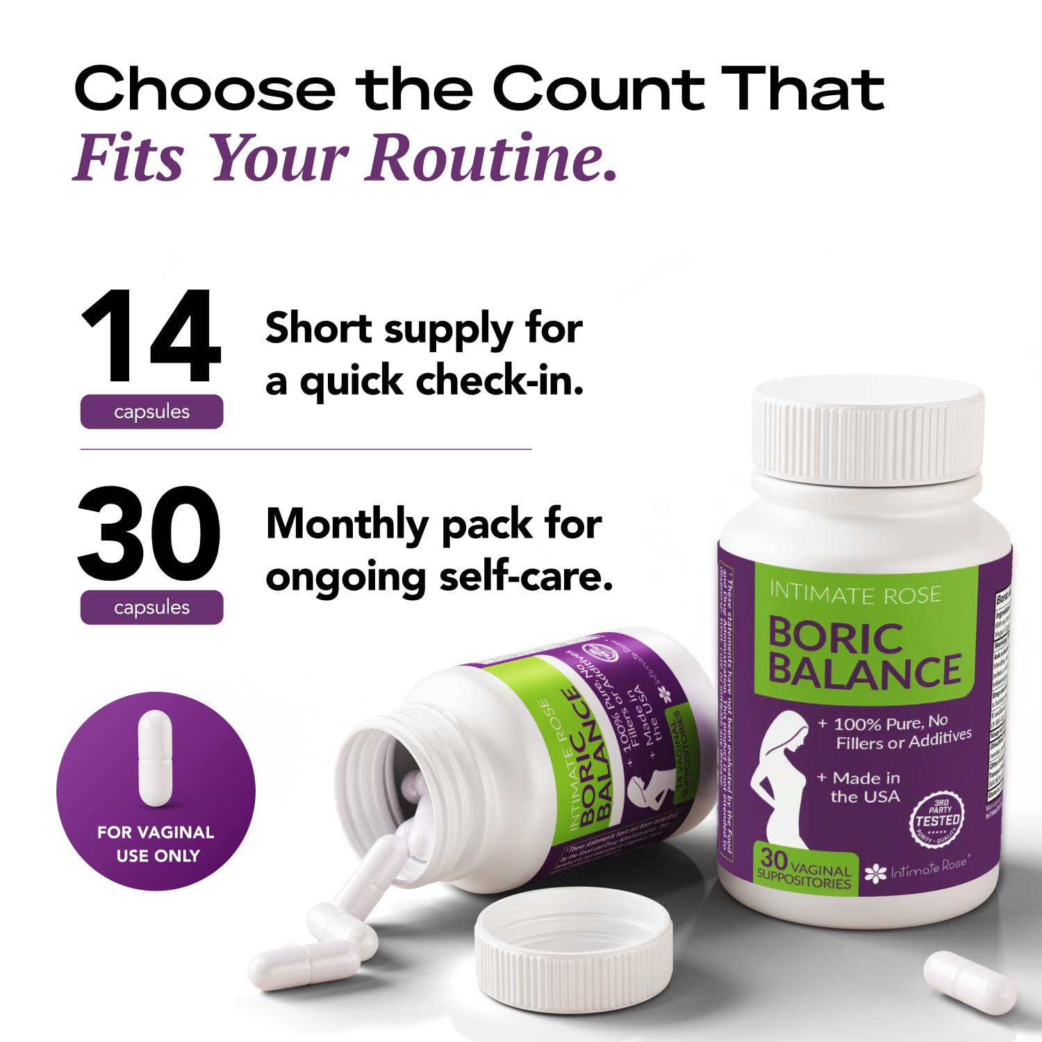 Intimate Rose Boric Acid Vaginal Suppositories, 30 Count for Feminine Deodorizing & Freshness - Vegan Capsules - Maple Wellness Supplements