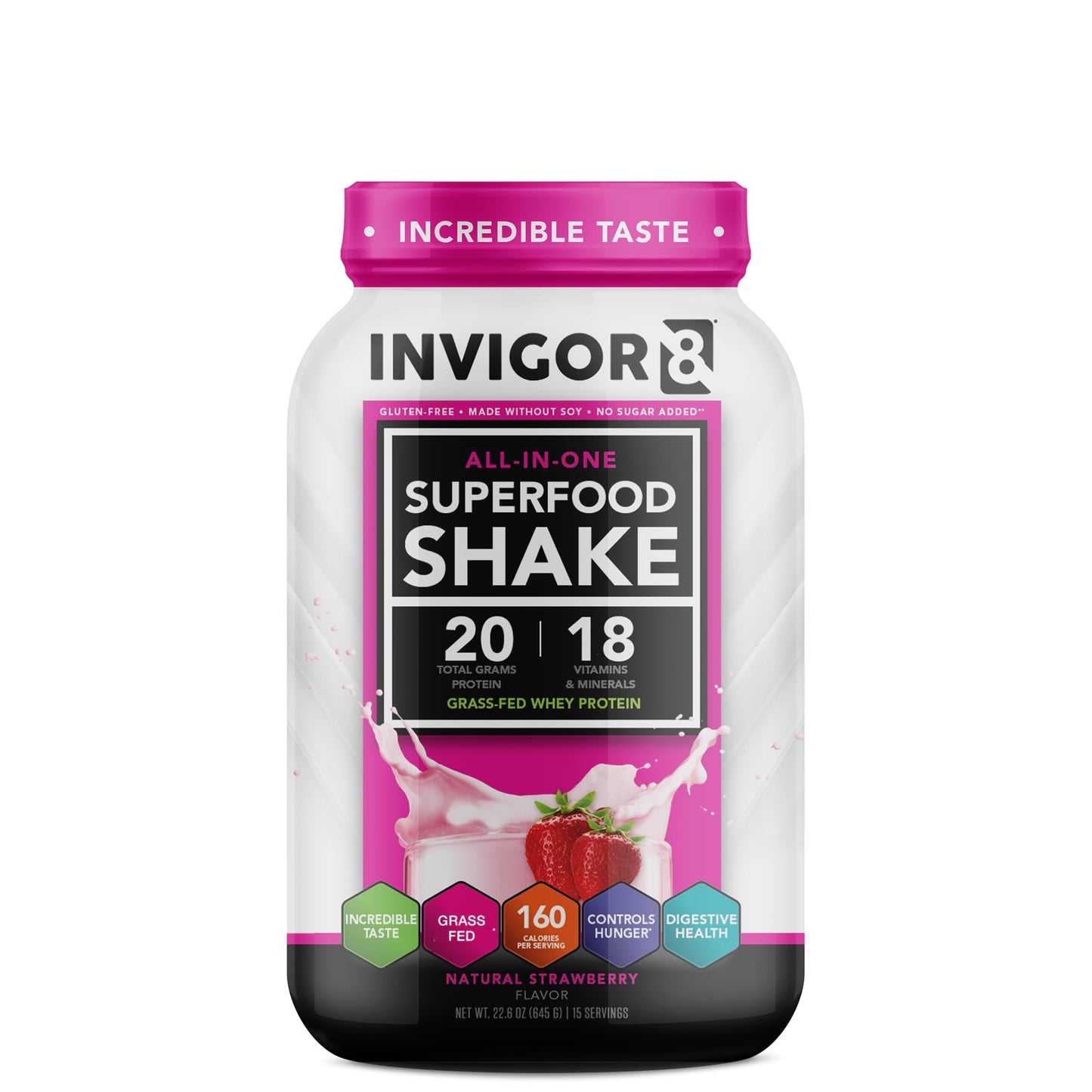 INVIGOR8 Superfood Grass Fed Whey Protein Isolate Shake Natural Strawberry Gluten-Free - Maple Wellness Supplements