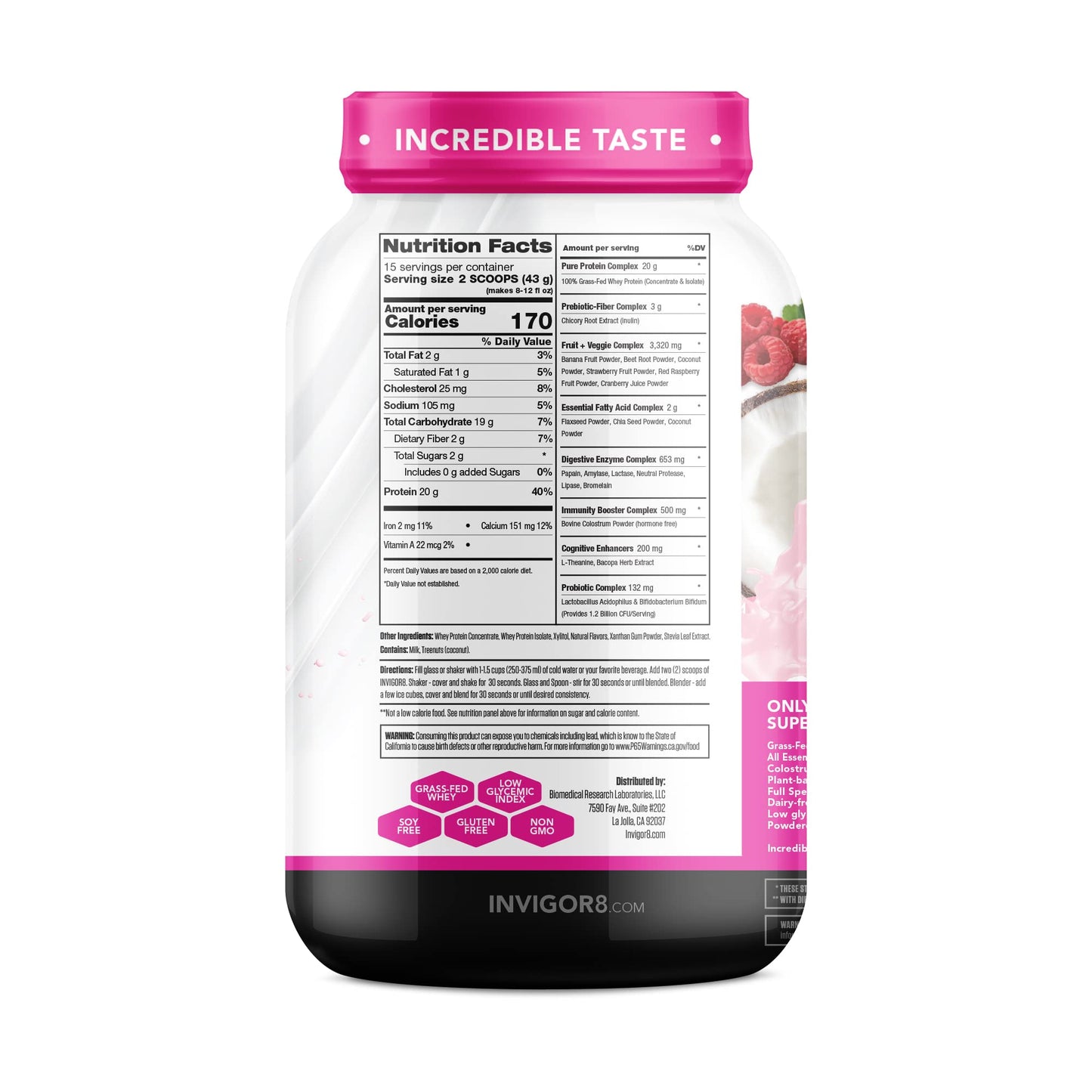INVIGOR8 Superfood Grass Fed Whey Protein Isolate Shake Natural Strawberry Gluten-Free - Maple Wellness Supplements