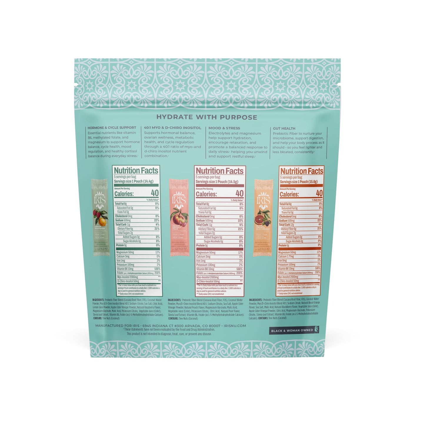 Iris Women’s Hormonal Health Daily Electrolyte Drink Mix | High Fiber, Essential B Vitamins for Mood Support | 40:1 Myo & D‑Chiro Inositol | Variety Pack, - Maple Wellness Supplements