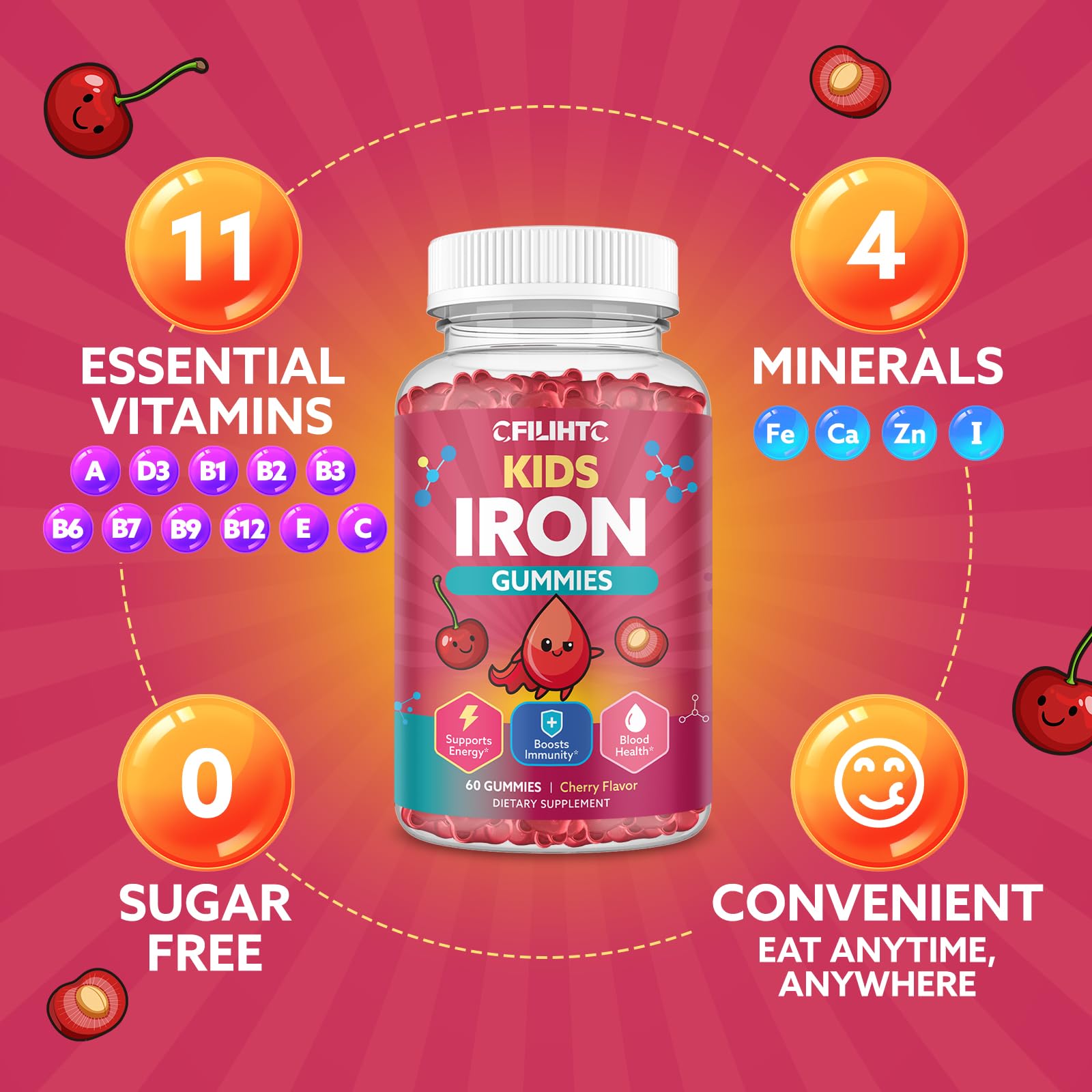Iron Gummies for Kids & Teens, Kids Multivitamin with Iron Supplement, Calcium, Folate, Zinc, Prebiotic - for Blood Builder & Energy Support, Iron Deficiency - Vegan & Non-GMO - 60 Count Cherry - Maple Wellness Supplements