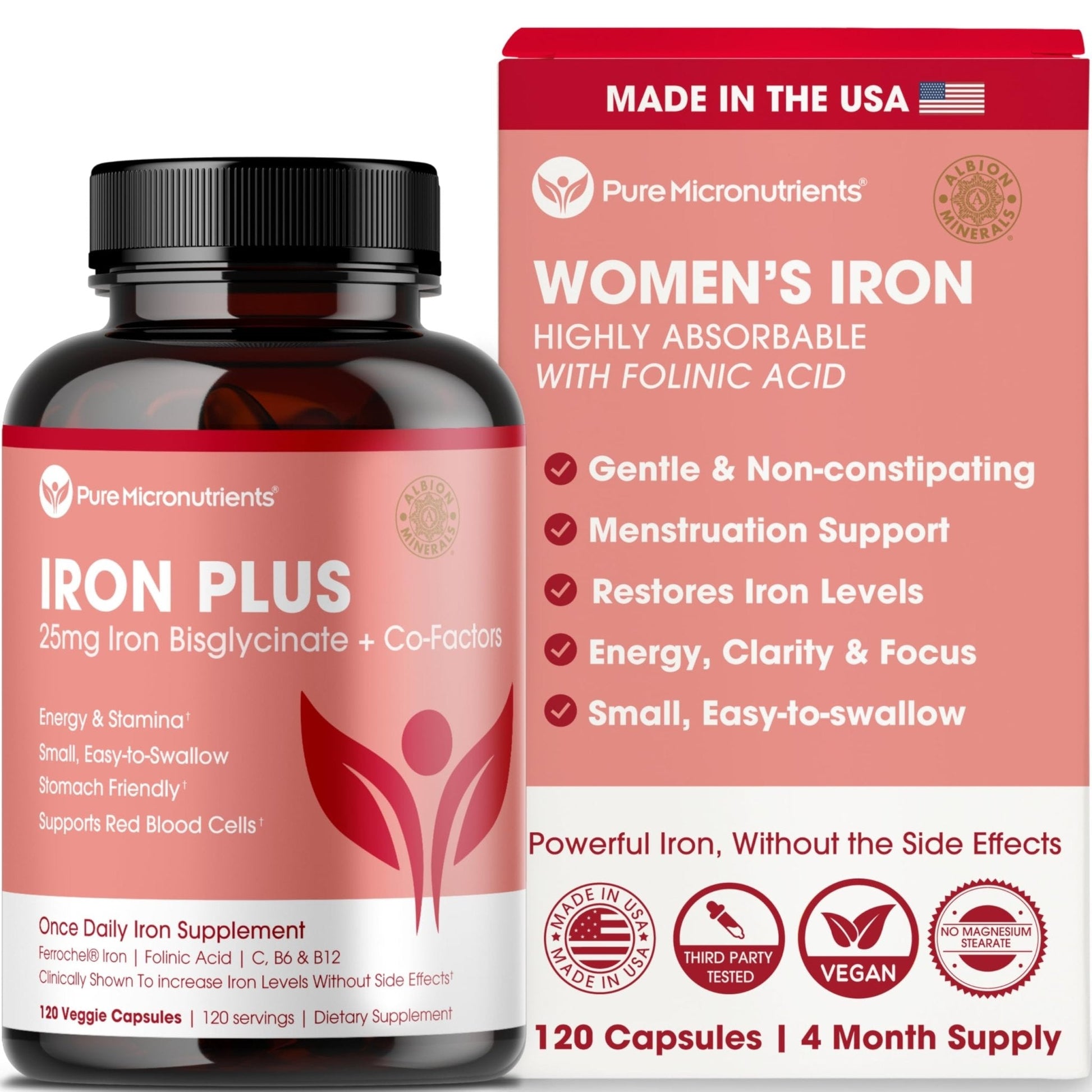 Iron Supplement for Women - Gentle Chelate Iron Bisglycinate 25mg with Vitamin C, B6, B12 Folic Acid – Supports Iron Deficiency - Maple Wellness Supplements